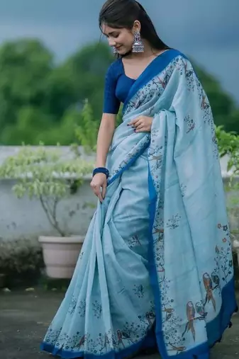 Light blue linen printed zari work saree with blouse