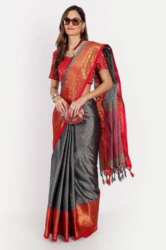 Grey blended cotton woven zari work saree with blouse