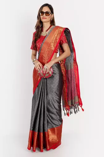 Grey blended cotton woven zari work saree with blouse