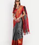 Grey blended cotton woven zari work saree with blouse