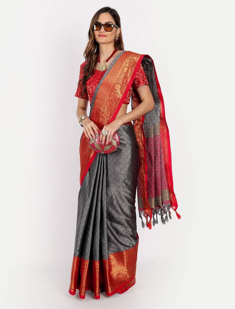 Grey blended cotton woven zari work saree with blouse