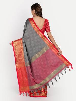Grey blended cotton woven zari work saree with blouse 2