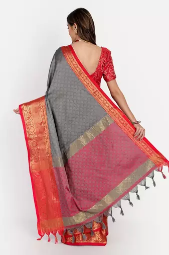 Grey blended cotton woven zari work saree with blouse