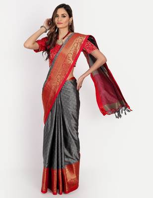 Grey blended cotton woven zari work saree with blouse 3