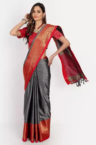 Grey blended cotton woven zari work saree with blouse