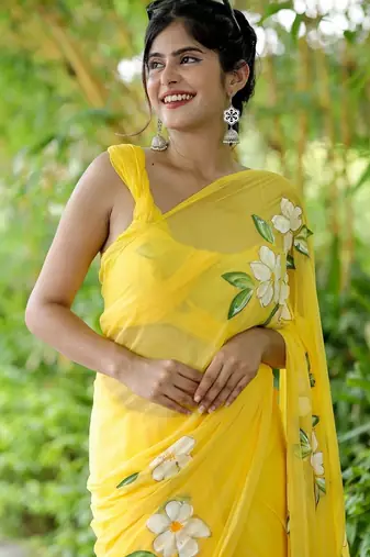 Yellow linen printed zari work saree with blouse