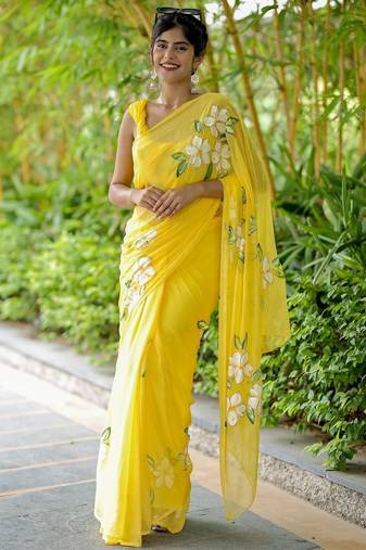 Yellow linen printed zari work saree with blouse
