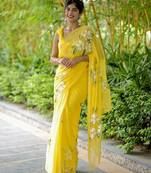 Yellow linen printed zari work saree with blouse