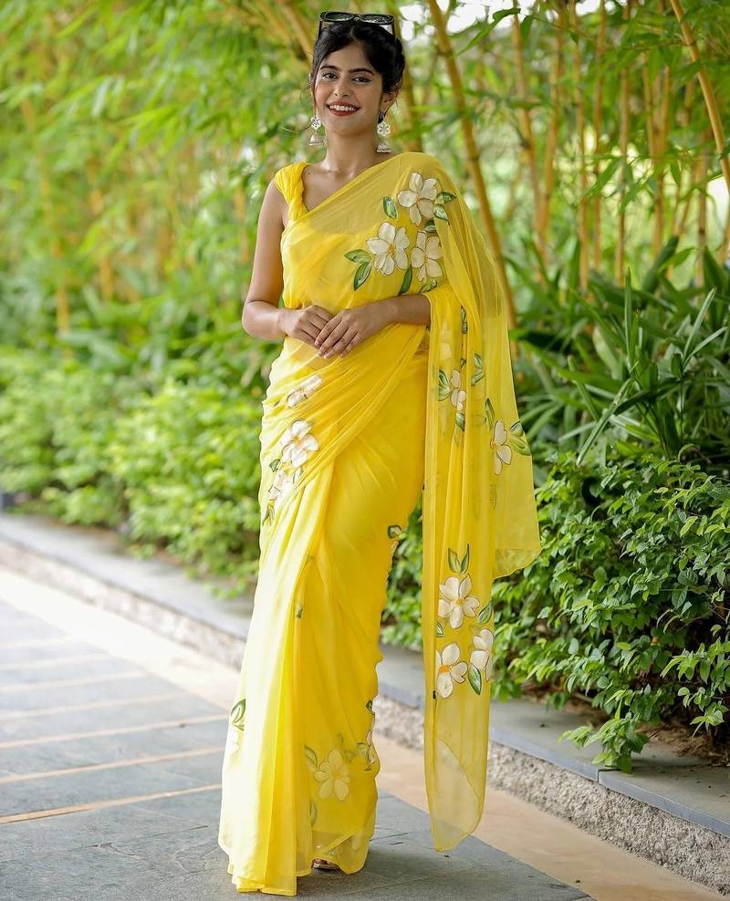 Yellow linen printed zari work saree with blouse
