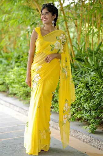 Yellow linen printed zari work saree with blouse