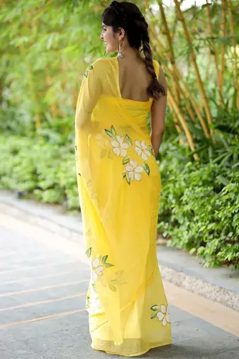 Yellow linen printed zari work saree with blouse