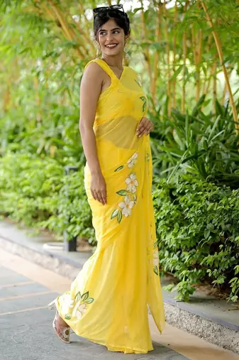 Yellow linen printed zari work saree with blouse