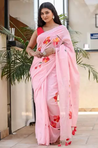 Pink linen printed zari work saree with blouse