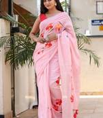 Pink linen printed zari work saree with blouse