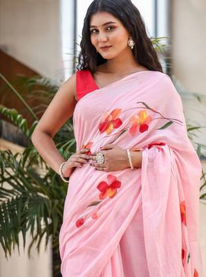Pink linen printed zari work saree with blouse 2