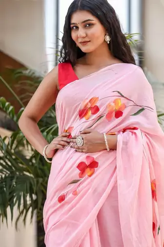Pink linen printed zari work saree with blouse