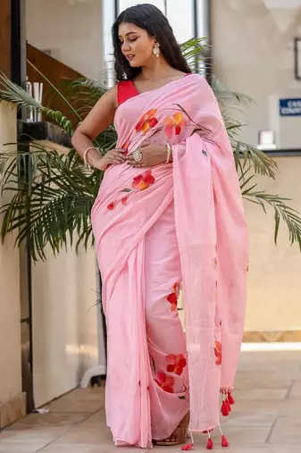 Pink linen printed zari work saree with blouse