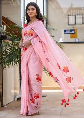 Pink linen printed zari work saree with blouse 5