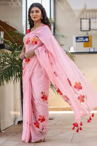 Pink linen printed zari work saree with blouse