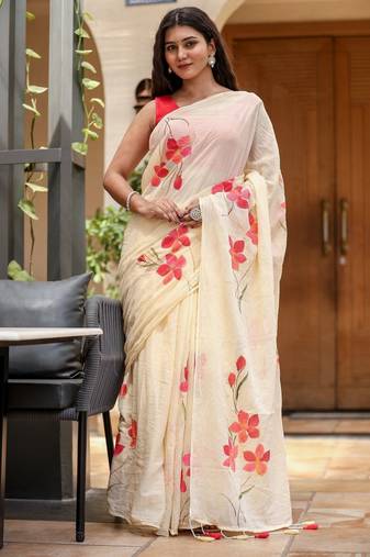 Beige linen printed zari work saree with blouse
