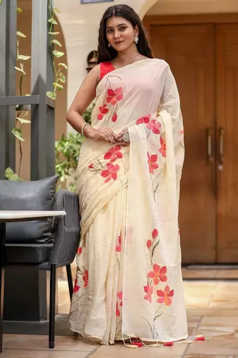 Beige linen printed zari work saree with blouse