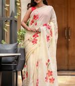Beige linen printed zari work saree with blouse