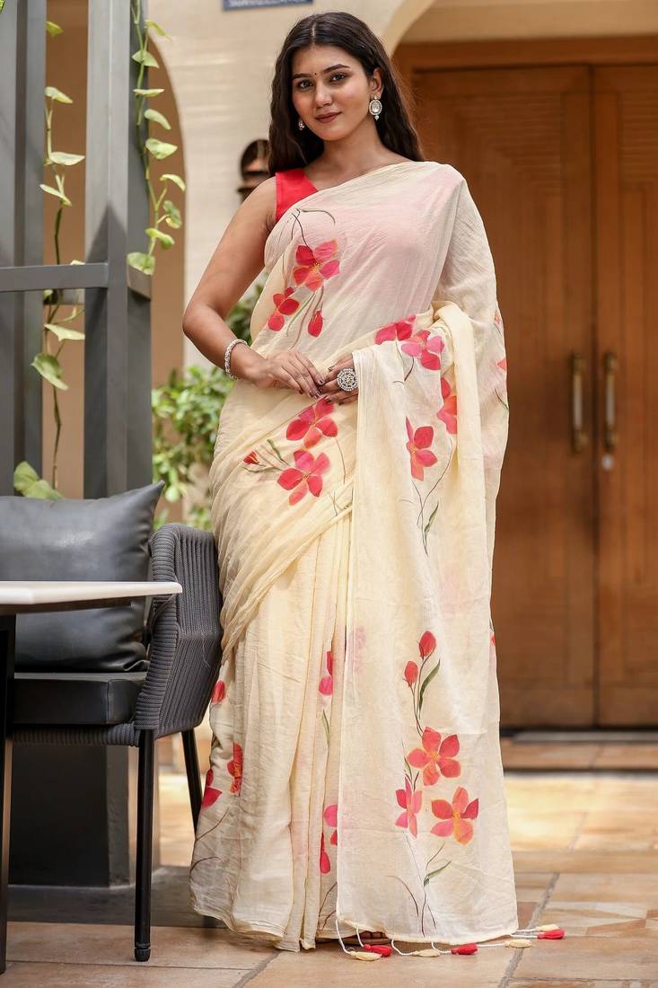 Beige linen printed zari work saree with blouse