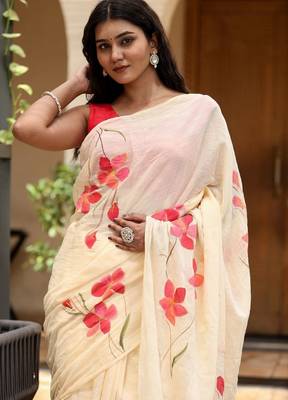 Beige linen printed zari work saree with blouse 2