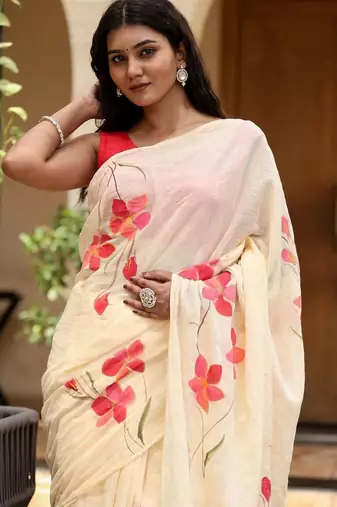 Beige linen printed zari work saree with blouse