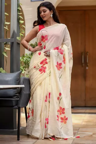 Beige linen printed zari work saree with blouse