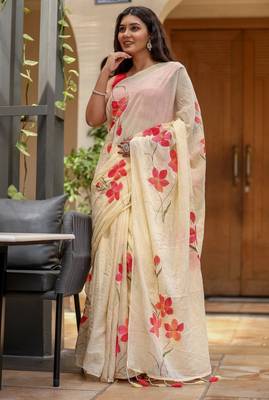 Beige linen printed zari work saree with blouse 4