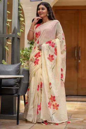 Beige linen printed zari work saree with blouse