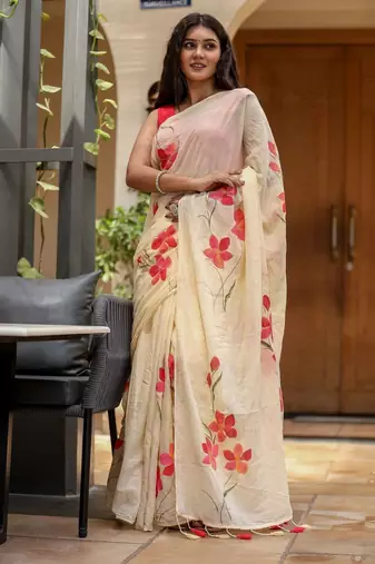 Beige linen printed zari work saree with blouse