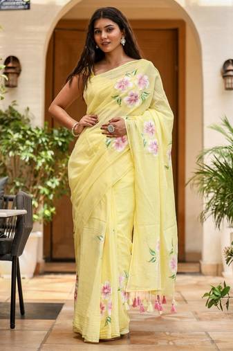 Yellow linen printed zari work saree with blouse