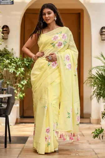 Yellow linen printed zari work saree with blouse