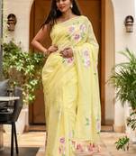 Yellow linen printed zari work saree with blouse