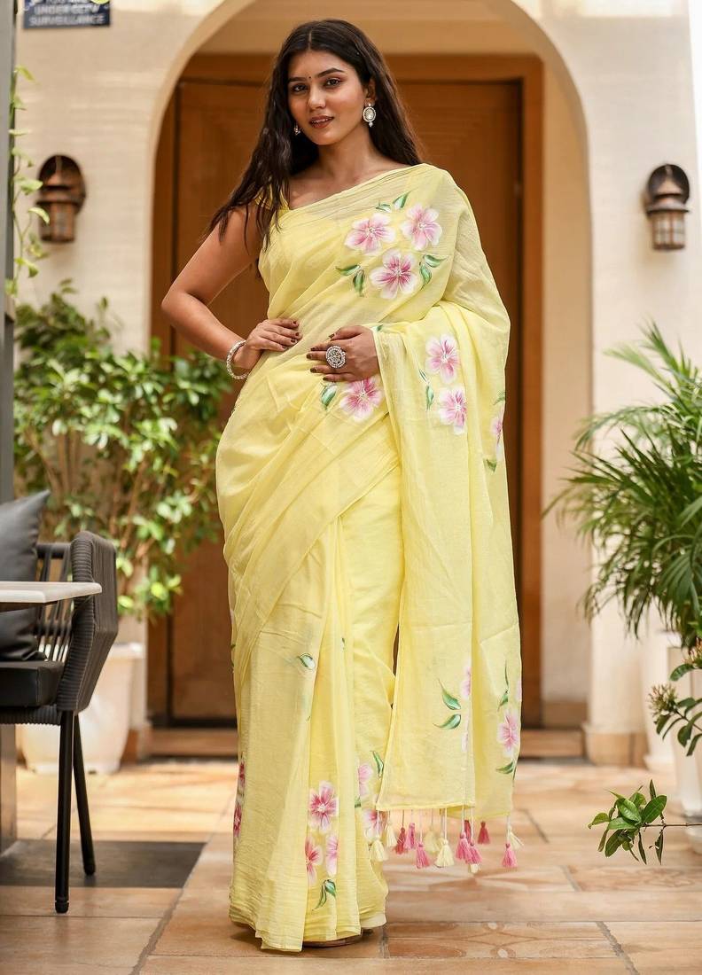 Yellow linen printed zari work saree with blouse