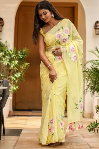 Yellow linen printed zari work saree with blouse