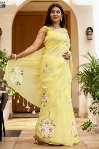 Yellow linen printed zari work saree with blouse
