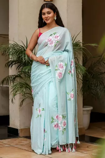 Light blue linen printed zari work saree with blouse