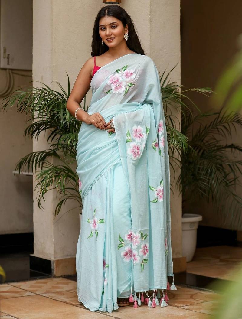 Light blue linen printed zari work saree with blouse