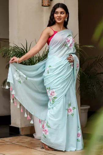 Light blue linen printed zari work saree with blouse