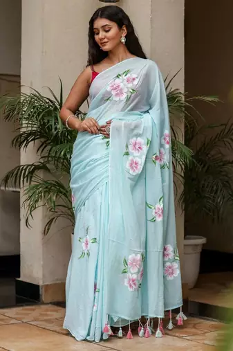 Light blue linen printed zari work saree with blouse