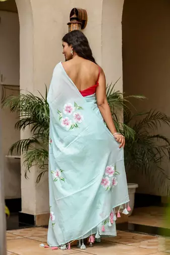 Light blue linen printed zari work saree with blouse