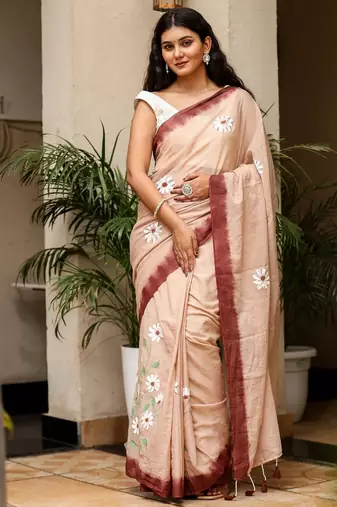 Brown linen printed zari work saree with blouse
