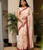 Brown linen printed zari work saree with blouse