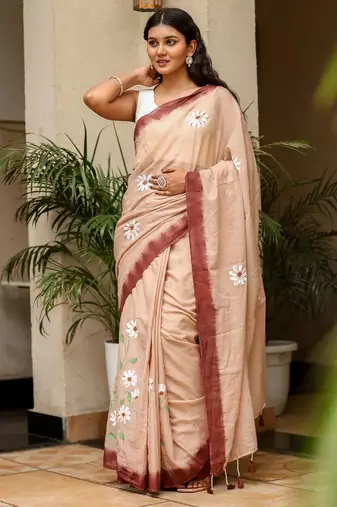 Brown linen printed zari work saree with blouse