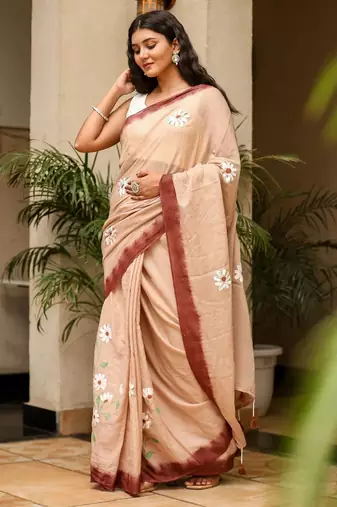 Brown linen printed zari work saree with blouse