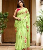 Light green linen printed zari work saree with blouse