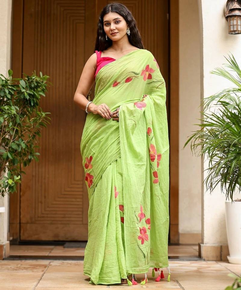 Light green linen printed zari work saree with blouse